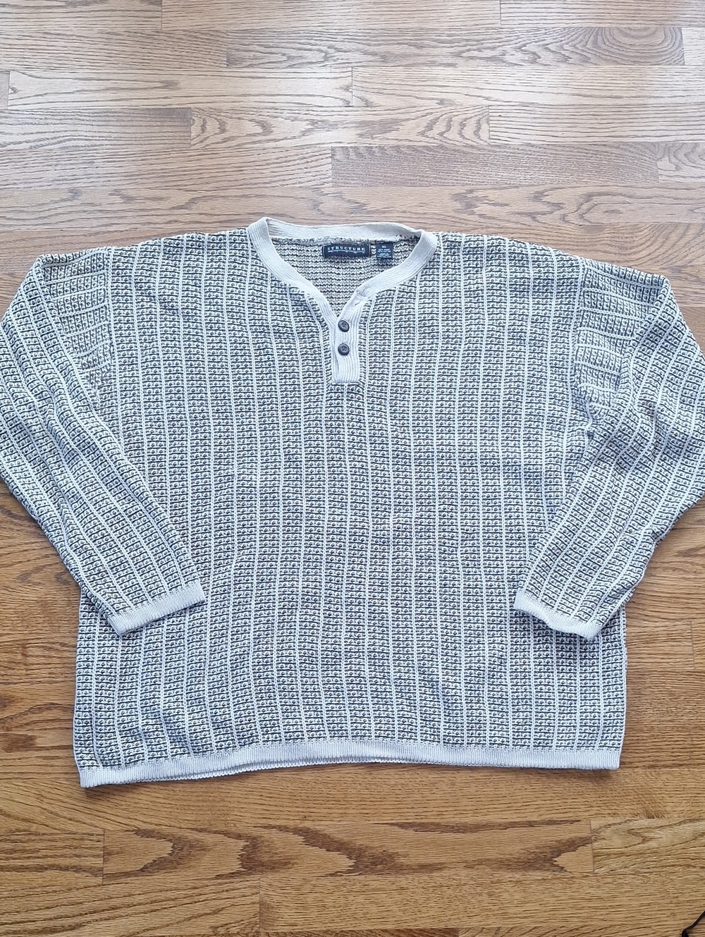 Vintage 90s Structure Cream Gray Knit Crewneck Henley Ramie Cotton Sweater XL